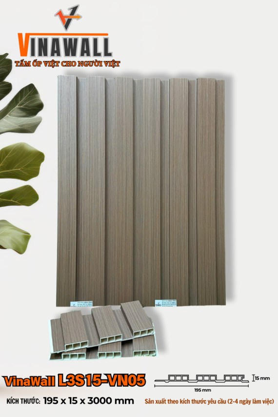 Lam 3 sóng ốp tường dày 1,5cm, dài 3m, rộng 19,5cm. Màu vân gỗ ghi tối. Hiệu Vinawall