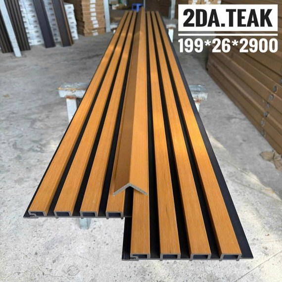 Gỗ nhựa ốp tường ngoài trời 2 da phủ Asa, Lam 4 sóng 26mm, màu Teak